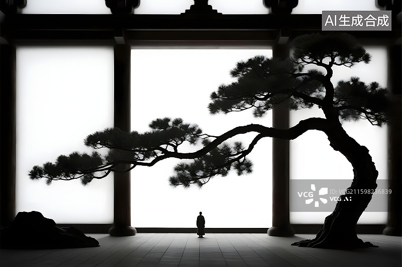 【AI数字艺术】中国禅意水墨风建筑与人图片素材