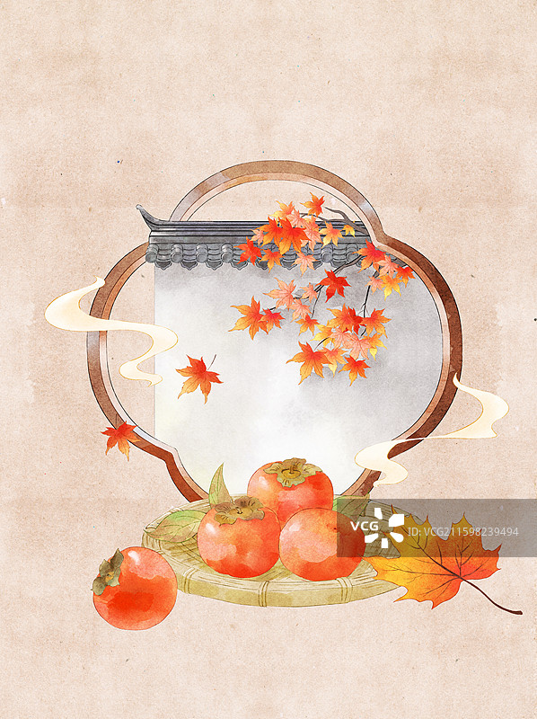 篮筐上的柿子霜降节气插画图片素材