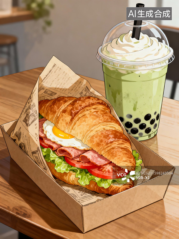 【AI数字艺术】手绘插画，餐桌上纸盒里的复古油纸包着巨好吃的超大可颂三明治,中间夹着煎蛋、午餐肉2片、番茄2片、生菜图片素材
