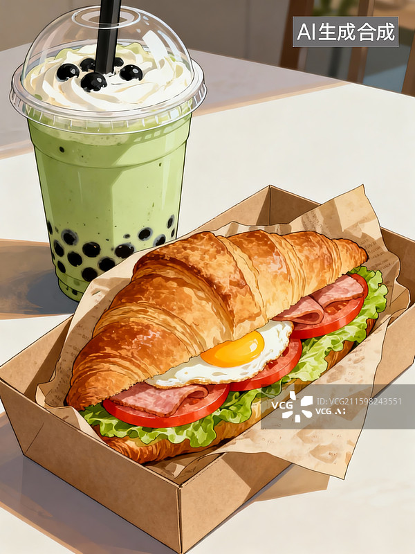 【AI数字艺术】手绘插画，餐桌上纸盒里的复古油纸包着巨好吃的超大可颂三明治,中间夹着煎蛋、午餐肉2片、番茄2片、生菜图片素材