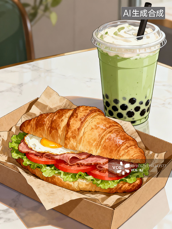 【AI数字艺术】手绘插画，餐桌上纸盒里的复古油纸包着巨好吃的超大可颂三明治,中间夹着煎蛋、午餐肉2片、番茄2片、生菜图片素材