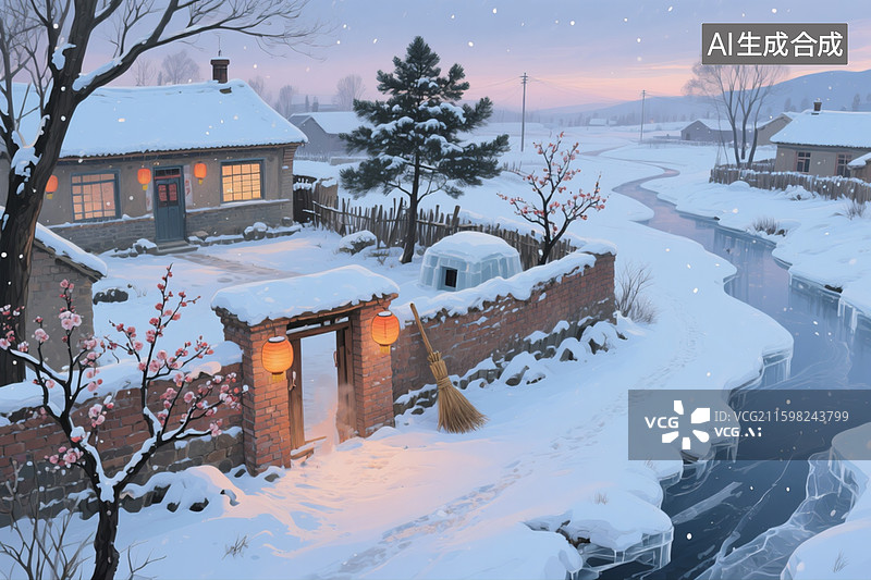 【AI数字艺术】冬天，暮雪初降，砖房村落，有灯笼，有炉火。中国北方农村，冻土堆砌的院子里，质朴的小院，有傲雪寒梅图片素材