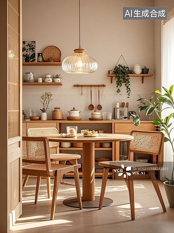 【AI数字艺术】温馨治愈的原木色自然风餐厨空间，原木餐桌搭配藤编餐椅，餐厨间设半墙隔断，墙面装饰日式植物挂画图片素材