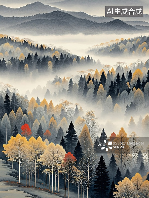 【AI数字艺术】秋意盎然的清晨，秋日树林错落有致，清冷的色调中透着温柔，阳光轻柔洒落，树叶斑驳，勾勒出静谧悠远的秋林图片素材