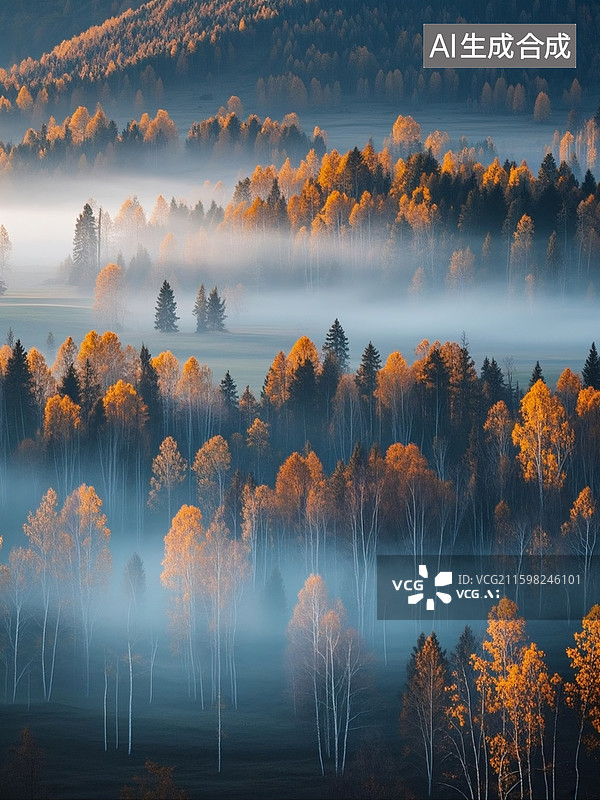 【AI数字艺术】秋意盎然的清晨，秋日树林错落有致，清冷的色调中透着温柔，阳光轻柔洒落，树叶斑驳，勾勒出静谧悠远的秋林图片素材