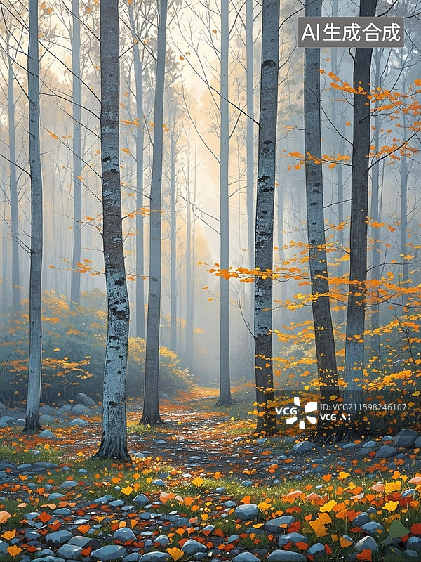 【AI数字艺术】秋意盎然的清晨，秋日树林错落有致，清冷的色调中透着温柔，阳光轻柔洒落，树叶斑驳，勾勒出静谧悠远的秋林图片素材