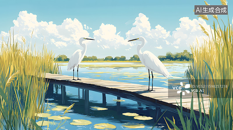 【AI数字艺术】AIGC:秋天湖边的白鹭鸟 白露节气图片素材