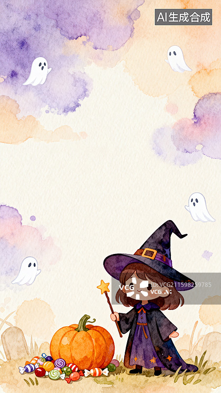 【AI数字艺术】万圣节小女巫与南瓜糖果图片素材