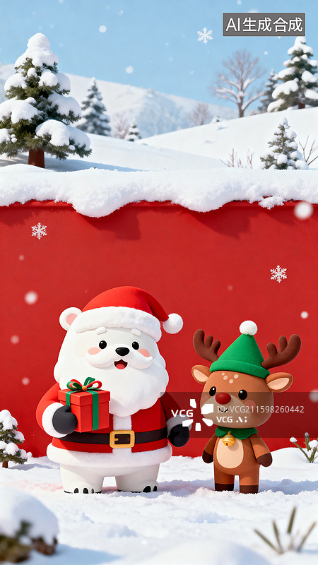 【AI数字艺术】圣诞北极熊与驯鹿雪地场景图片素材