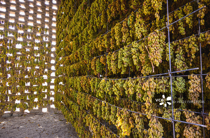 新疆吐鲁番，葡萄晾房内景，晾架上的葡萄已经风干。图片素材