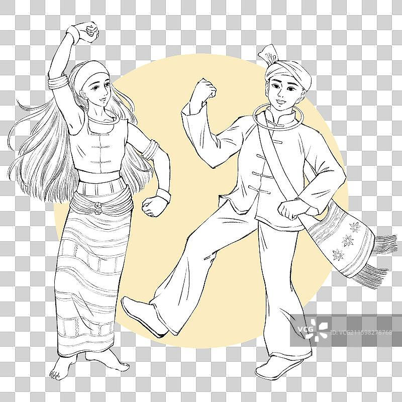 56民族，云南少数民族佤族，线稿。图片素材