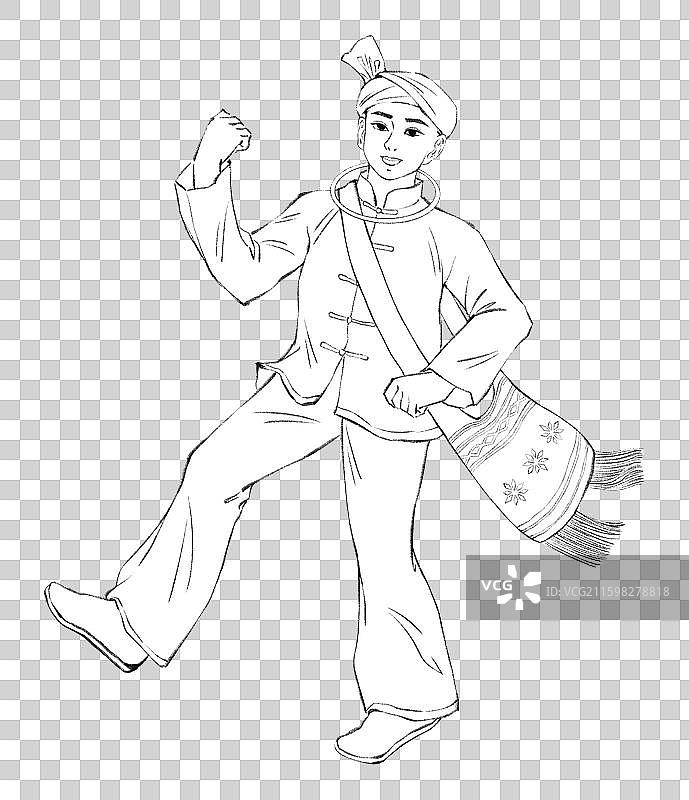 56民族，云南少数民族佤族，线稿。图片素材