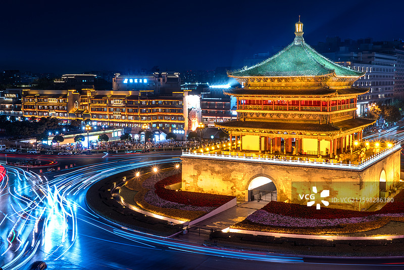 陕西西安钟楼夜晚城市风光图片素材