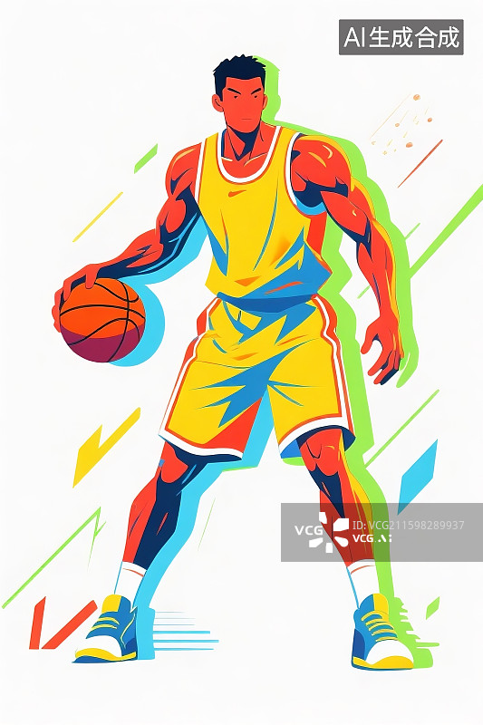 【AI数字艺术】美式动漫风格,篮球运动员,橙色篮球服套装,（背心+短裤）,白色头带,护腕,手持篮球,荧光绿,动感速度图片素材