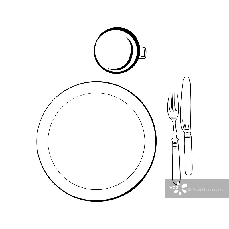 线条画，盘子，杯子，叉子和刀图片素材