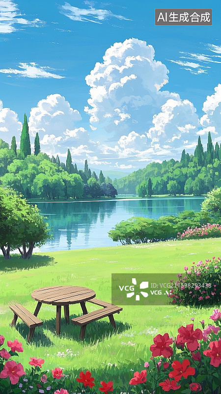 【AI数字艺术】日式动漫风格,清新治愈,湖畔森林场景,晴朗蓝天飘着蓬松白云,碧绿湖水澄澈如镜,,环绕茂密森林,高大松图片素材
