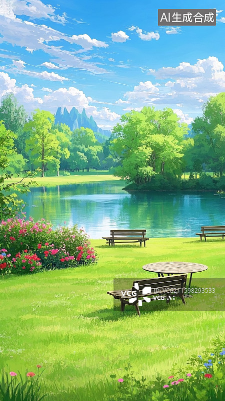 【AI数字艺术】日式动漫风格,清新治愈,湖畔森林场景,晴朗蓝天飘着蓬松白云,碧绿湖水澄澈如镜,,环绕茂密森林,高大松图片素材