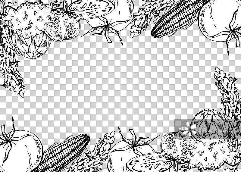 手绘水墨风格的陶瓷煮锅和蔬菜图片素材