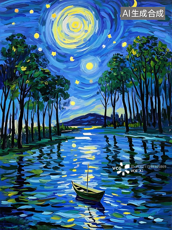 【AI数字艺术】星空下的宁静湖泊图片素材