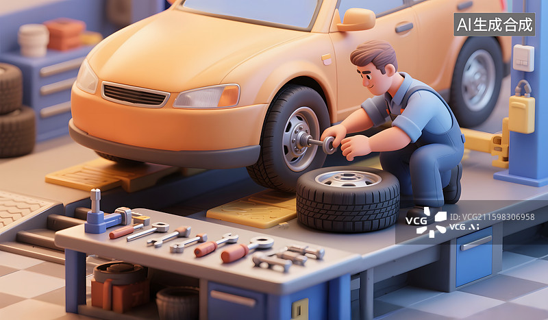 【AI数字艺术】汽车生活保养保险养车服务概念场景3D卡通插画图片素材