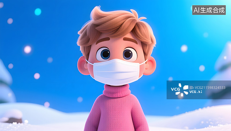 【AI数字艺术】戴着防流感口罩的男孩3D插画图片素材