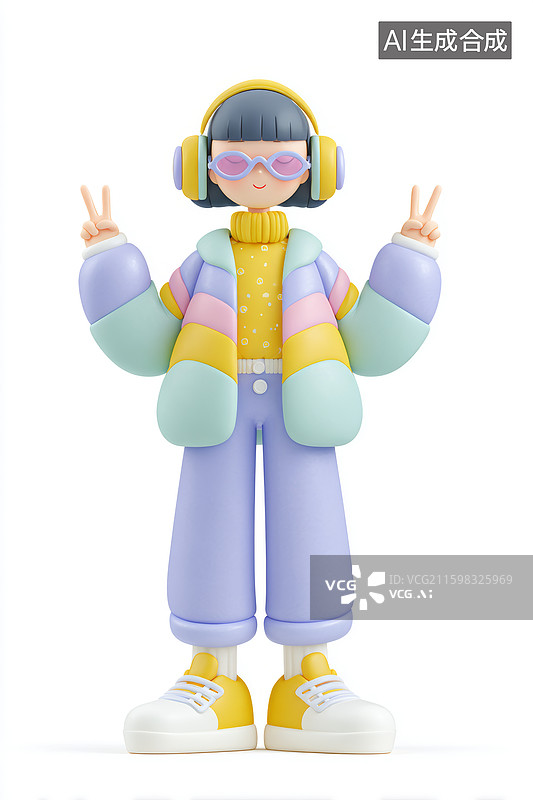 【AI数字艺术】戴耳机做手势的卡通女孩图片素材