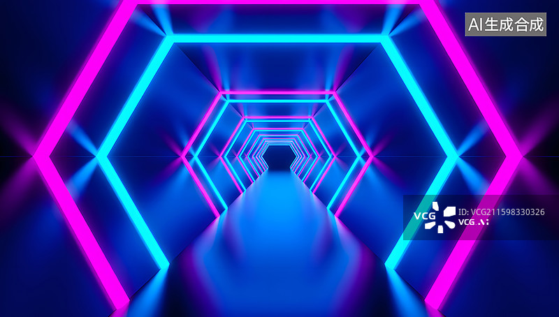 【AI数字艺术】未来感霓虹光线数字隧道渲染图片素材