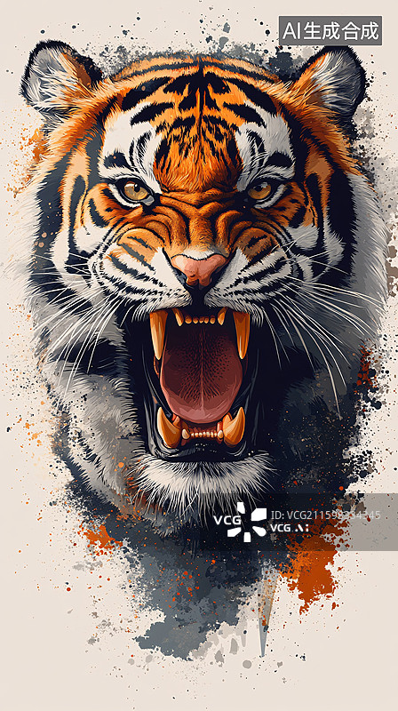 【AI数字艺术】怒吼的水墨风老虎插画图片素材