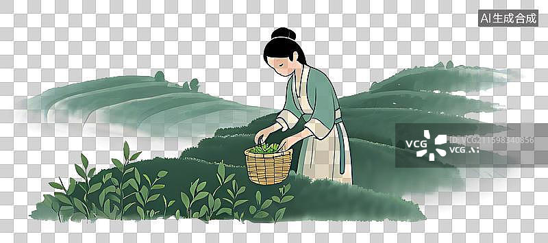 【AI数字艺术】水彩水墨风格茶田茶园清新田园PNG免抠元素插画图片素材
