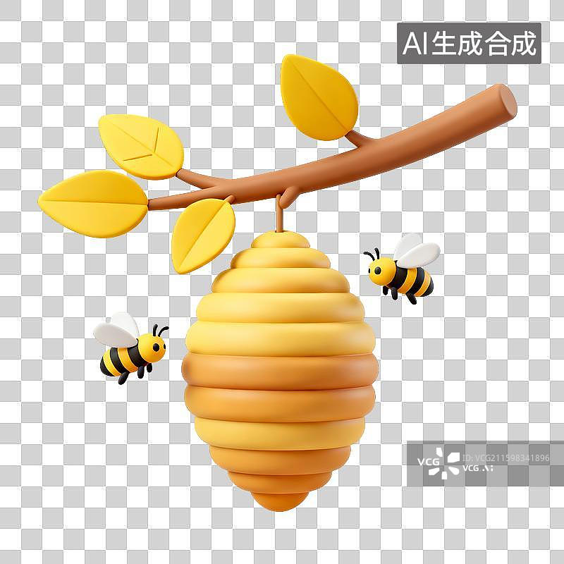 【AI数字艺术】秋季元素：3D卡通蜜蜂蜂巢自然元素素材图片素材