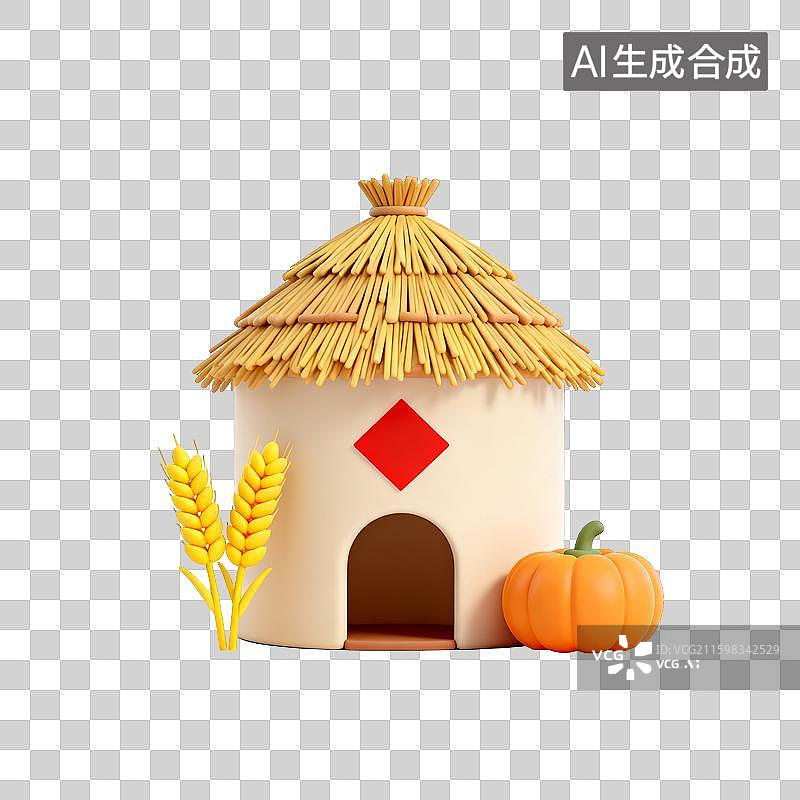 【AI数字艺术】秋季元素：3D卡通丰收小屋粮仓秋季元素素材图片素材