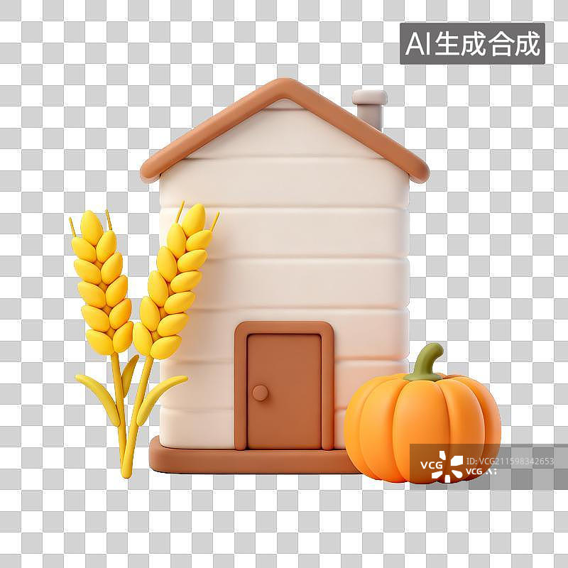 【AI数字艺术】秋季元素：3D卡通丰收小屋粮仓秋季元素素材图片素材