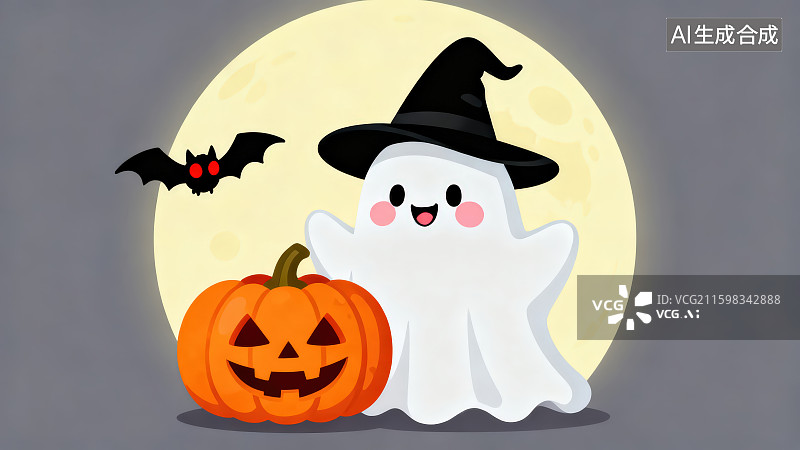 【AI数字艺术】纯色背景中巨大圆形月亮月球下戴着女巫帽的幽灵和空中飞的黑色蝙蝠地下的万圣节南瓜插画背景图片素材