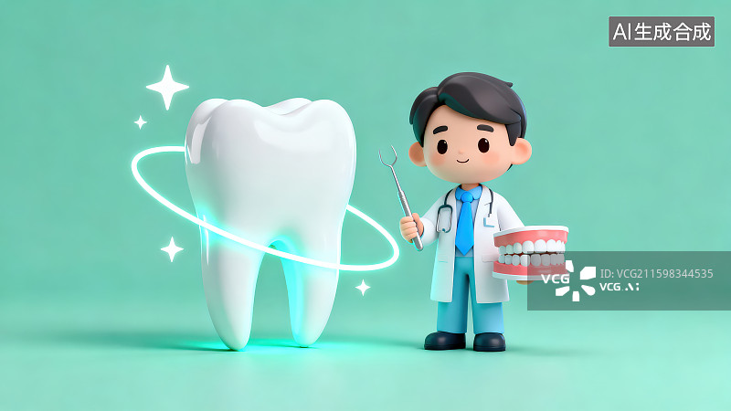 【AI数字艺术】绿色背景下卡通医生手拿牙齿模型和旁边一颗巨大发光牙齿模型，牙齿健康口腔护理概念图片素材