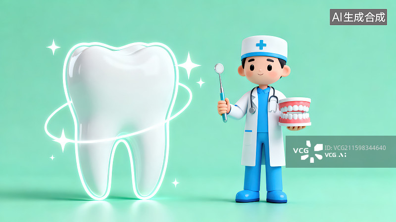 【AI数字艺术】绿色背景下卡通医生手拿牙齿模型和旁边一颗巨大发光牙齿模型，牙齿健康口腔护理概念图片素材