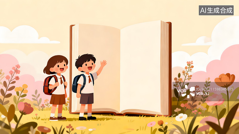 【AI数字艺术】两个孩子与大书的户外学习场景图片素材