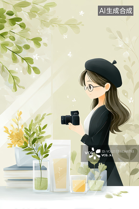 【AI数字艺术】持相机女子贝雷帽麦穗文艺肖像图片素材