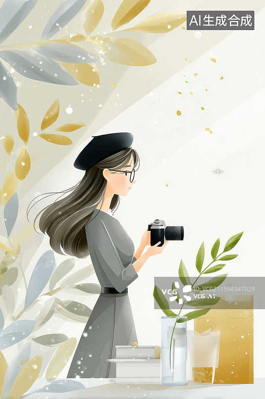 【AI数字艺术】持相机女子贝雷帽麦穗文艺肖像图片素材