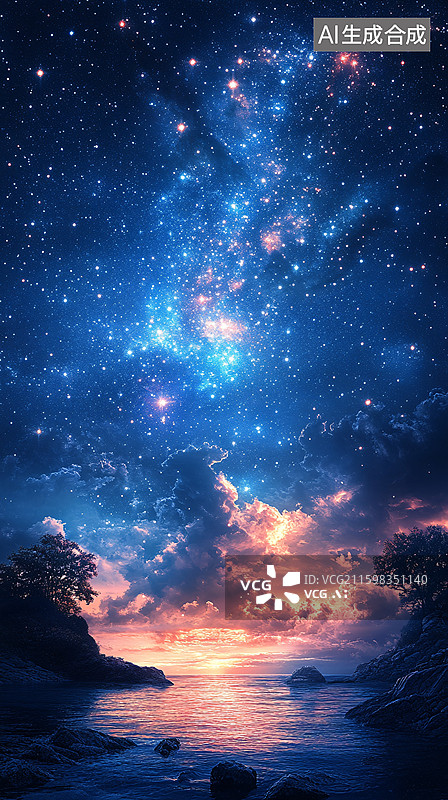 【AI数字艺术】梦幻星空下的海边美景图片素材