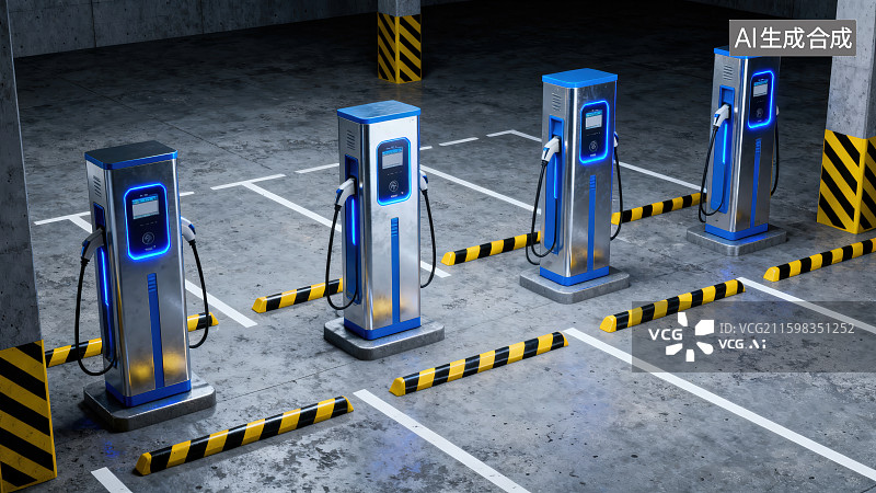 【AI数字艺术】停车场室内新能源电动汽车充电桩图片素材
