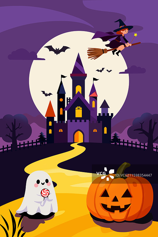 万圣节一只吃糖的小鬼魂南瓜城堡女巫骑扫把图片素材