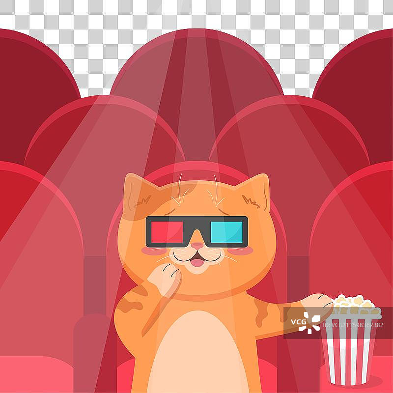 戴着3D眼镜的可爱姜黄色猫咪坐在电影院里图片素材