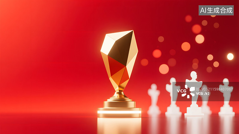 【AI数字艺术】金色奖杯与白色小雕像陈列于红色背景图片素材