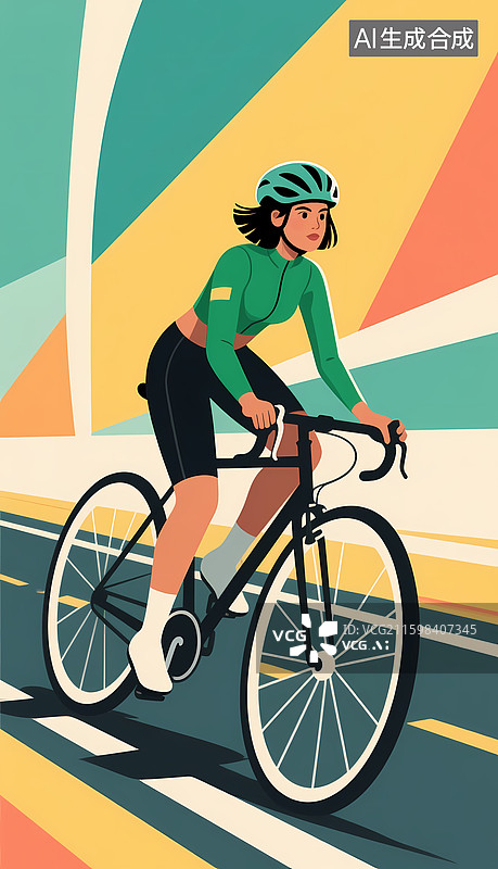 【AI数字艺术】绿衣女子骑行公路自行车图片素材