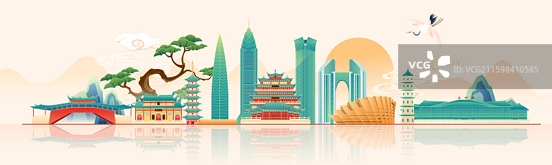 国风温州城市建筑矢量插画图片素材