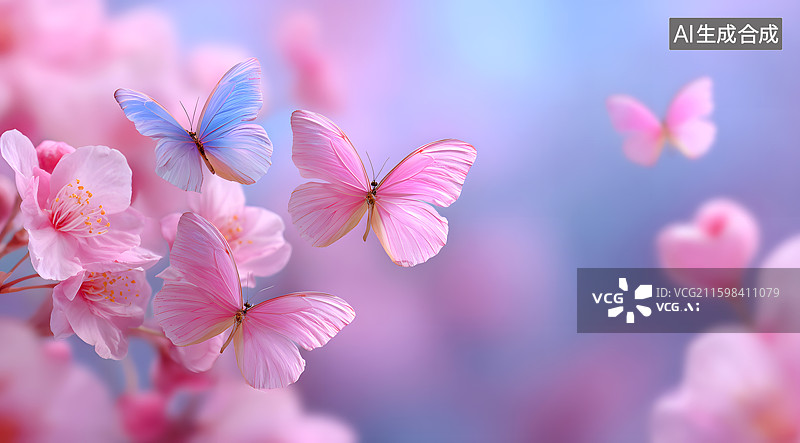 【AI数字艺术】彩色的蝴蝶在粉红色的花间飞舞图片素材