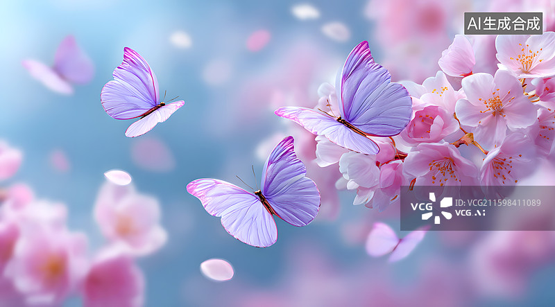 【AI数字艺术】彩色的蝴蝶在粉红色的花间飞舞图片素材