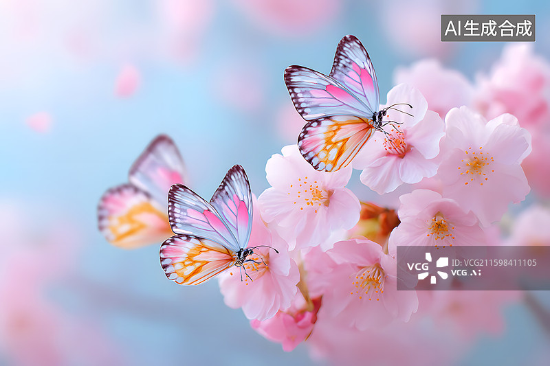 【AI数字艺术】彩色的蝴蝶在粉红色的花间飞舞图片素材