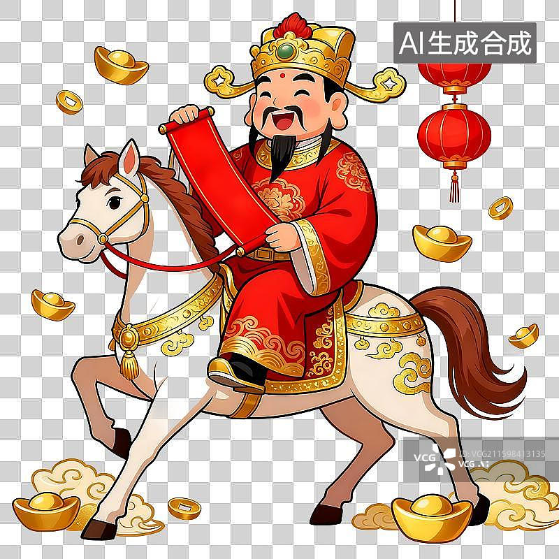 【AI数字艺术】骑白马的财神卡通形象图片素材