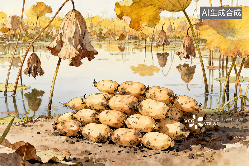 【AI数字艺术】荷塘边的新鲜莲藕图片素材